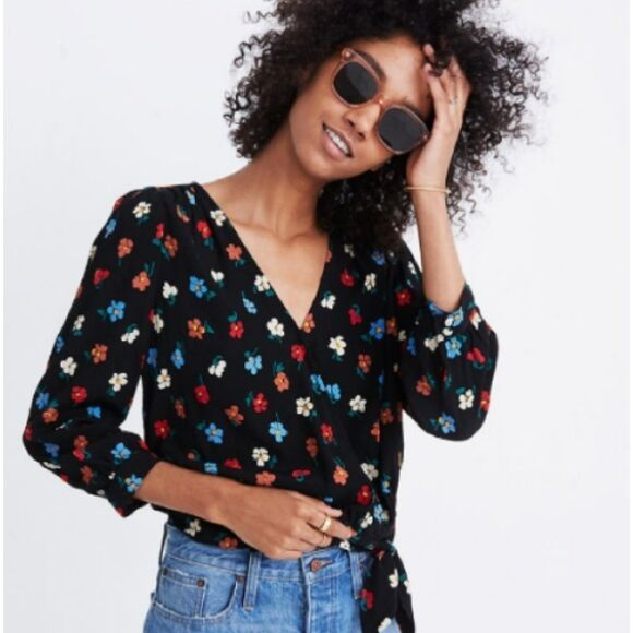 Madewell Tops - Madewell Top Size Small Black Wrap Floral Flowers Bottom Tie